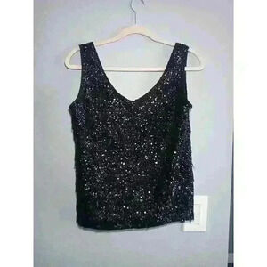 Vintage 1960’s Beaded Black Sequined Shell‎ Sleeveless Top Hong Kong Medium